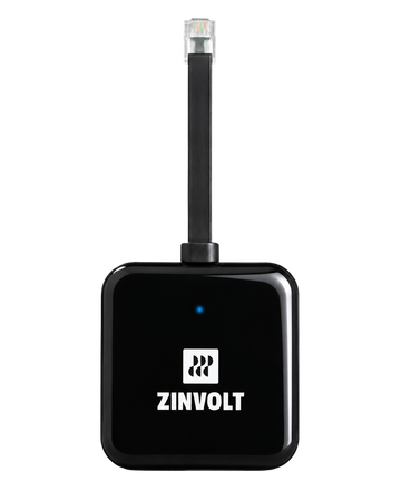 Zwarte ZinVolt P1-dongle PRO, vooraanzicht met P1-aansluiting