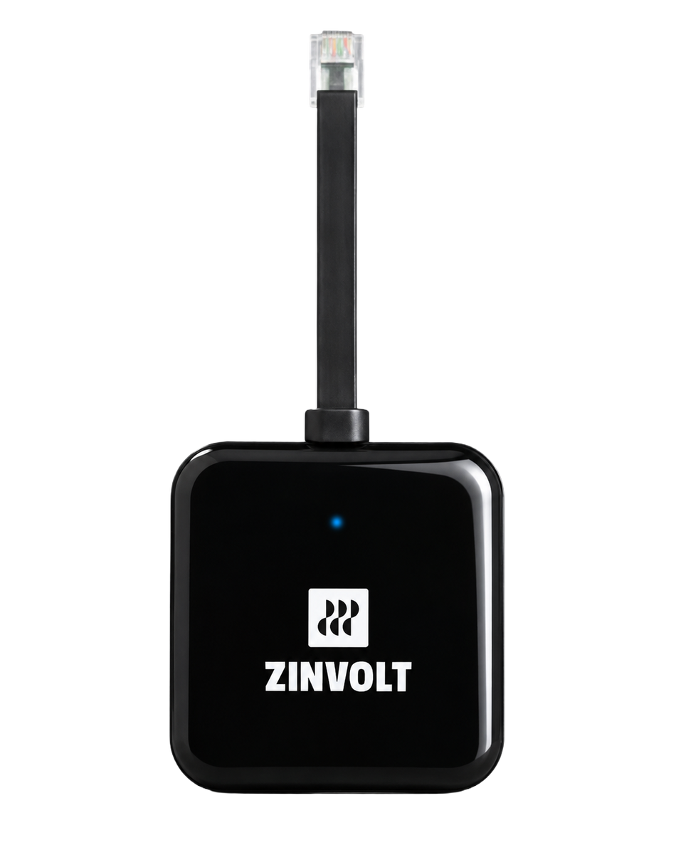 Zwarte ZinVolt P1-dongle PRO, vooraanzicht met P1-aansluiting